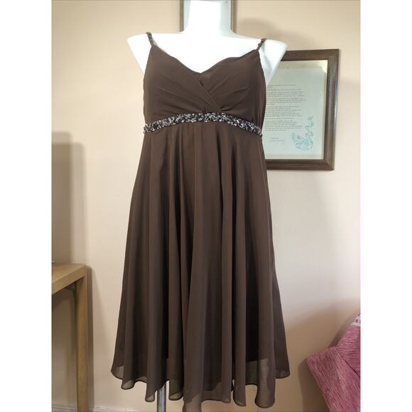 Eva Blue cocktail dress sleeveless brown size 16 Zipper v neck sequins - Picture 1 of 7